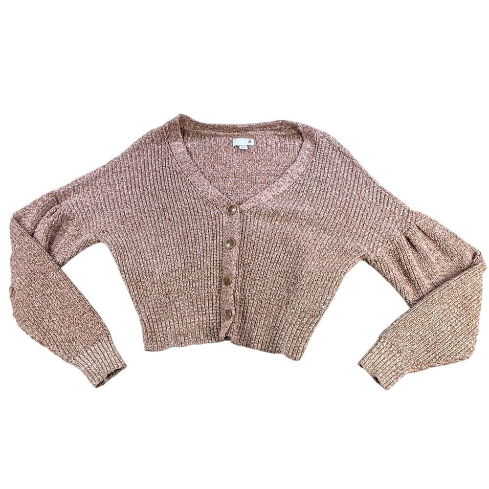 SO Cardigan Women XS‎ Mauve Orange Marled Knit Cropped Button Front Puff Sleeve